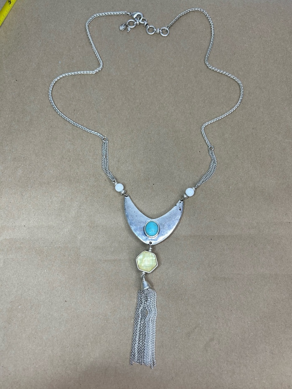 5 for $25🔥Lucky‎ Brand Silver Tone White Blue Stone Chain Tassel Necklace